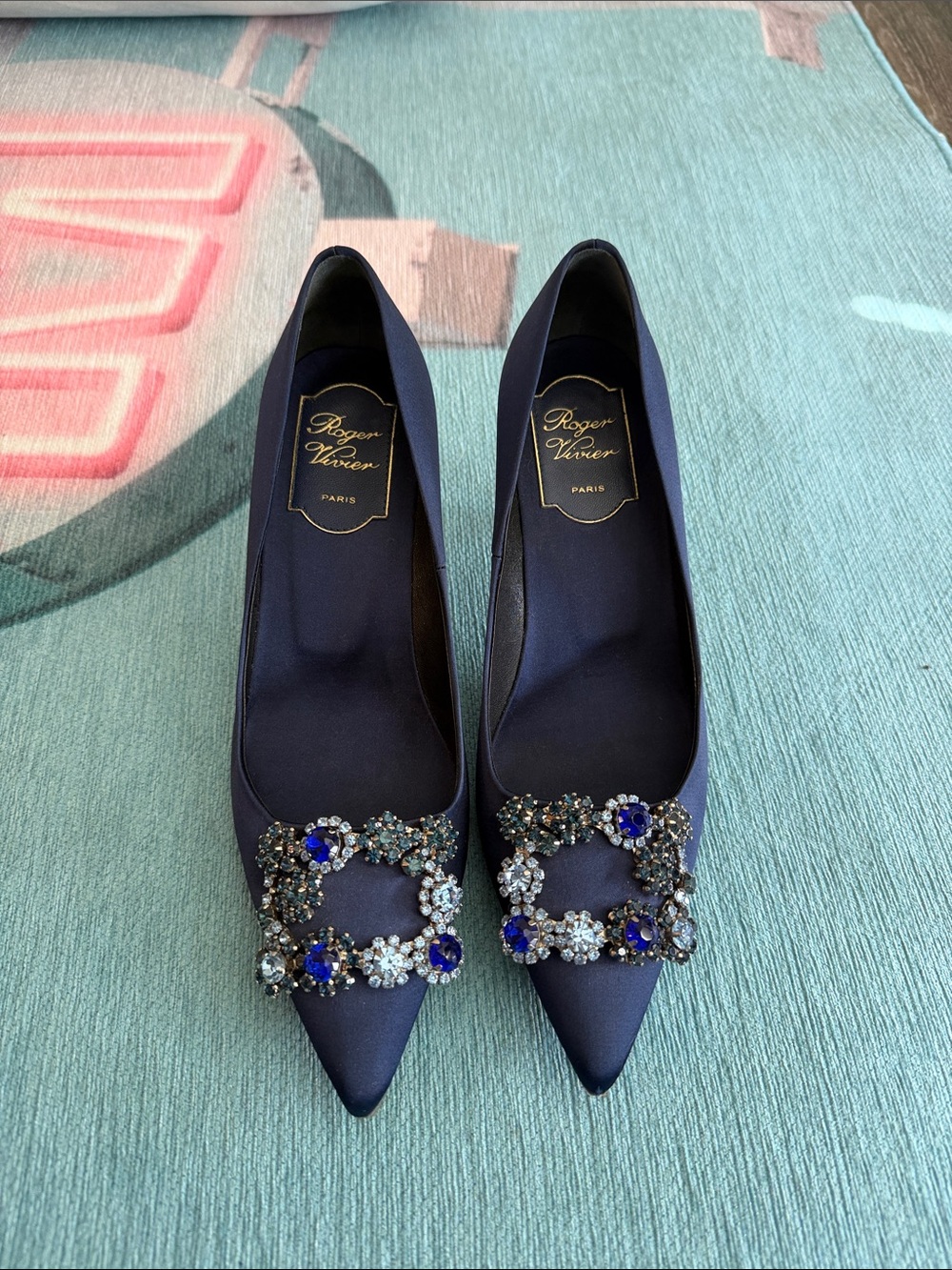 Roger Vivier Flower Crystal Buckle Navy Satin Pointed Toe Pumps